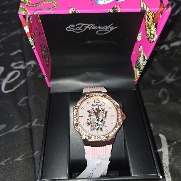 Ed Hardy Women's Watch with Pink Strap and Gold Details - Picture 1 of 2